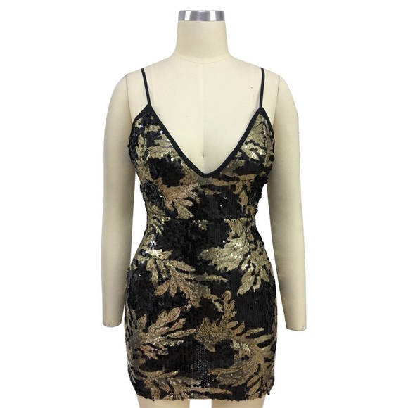 Sexy V Cut Gold Leaves Mini Sequin Dress - Picture 3 of 8